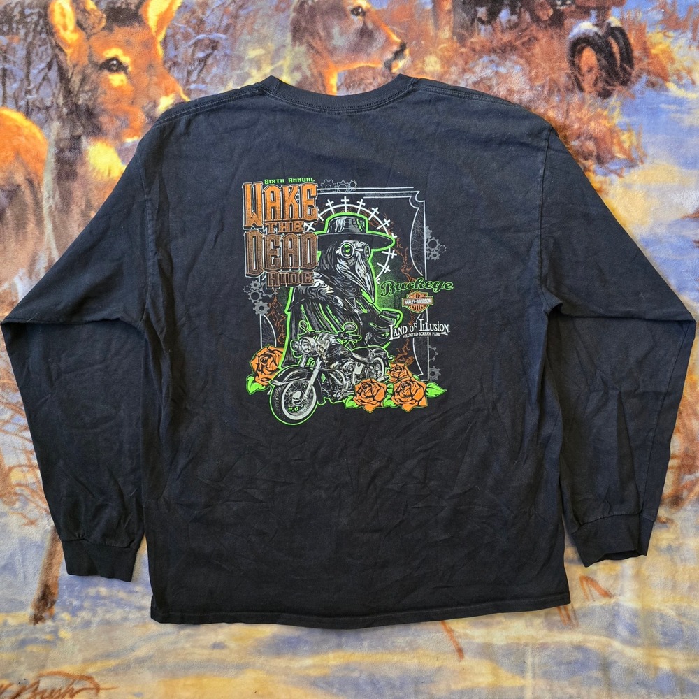 Harley Davidson Wake the Dead Halloween Punk Y2K Biker Long Sleeve Tee sz XL